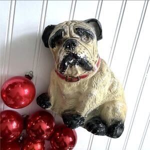 Vintage Shabby Chalk Plaster Bulldog Pug Dog Statue Door Stop Glass Eye